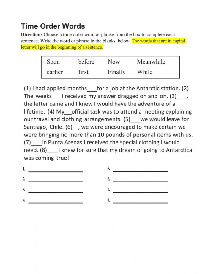 Third grade fractions worksheet showing summary exercises with time order words