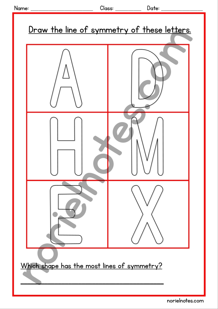 Third grade Alphabet Symmetry worksheet showing letters with lines of symmetry for a fun grammar and geometry activity