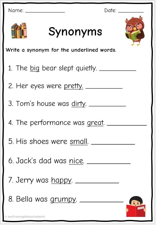 Fun Printable Match the Synonyms Worksheets for Third Grade