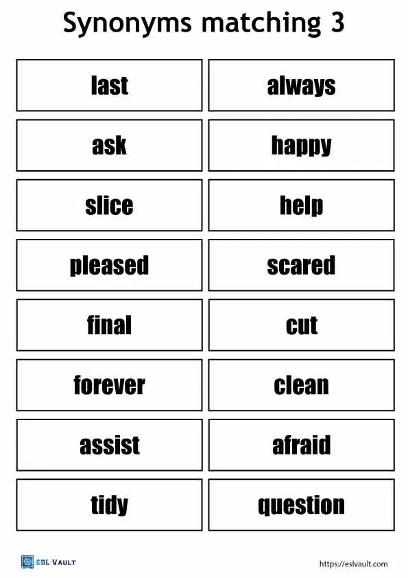 Fun vocabulary exercise Match the Synonyms Level 1 for young learners 20 Third Grade worksheet page for matching synonyms related to time and money