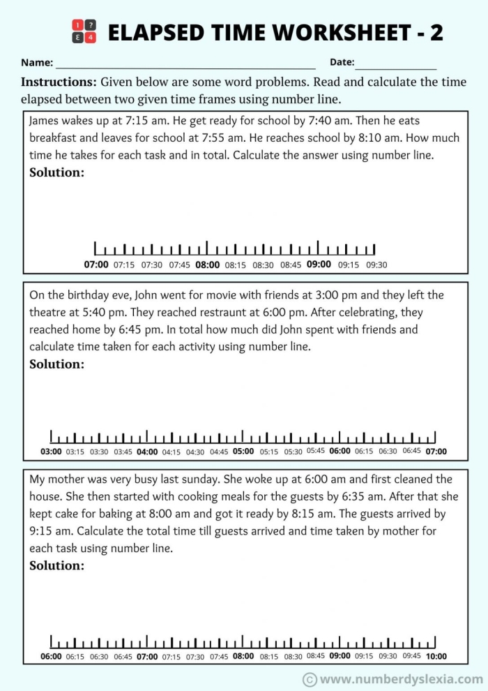 Interactive number line activity for practicing addition and subtraction of time in life science class Third grade worksheet showing how to solve time problems using a number line