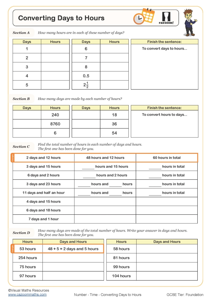 From Time to Time: Converting to Hours, Days, and Weeks - Worksheet 2 Worksheet image illustrating time conversion challenges for third graders