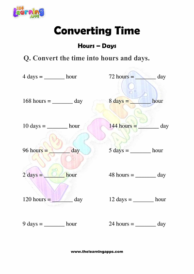 From Time to Time: Time Conversion Worksheet for Kids Worksheet for converting time units to hours, days, and weeks for third graders