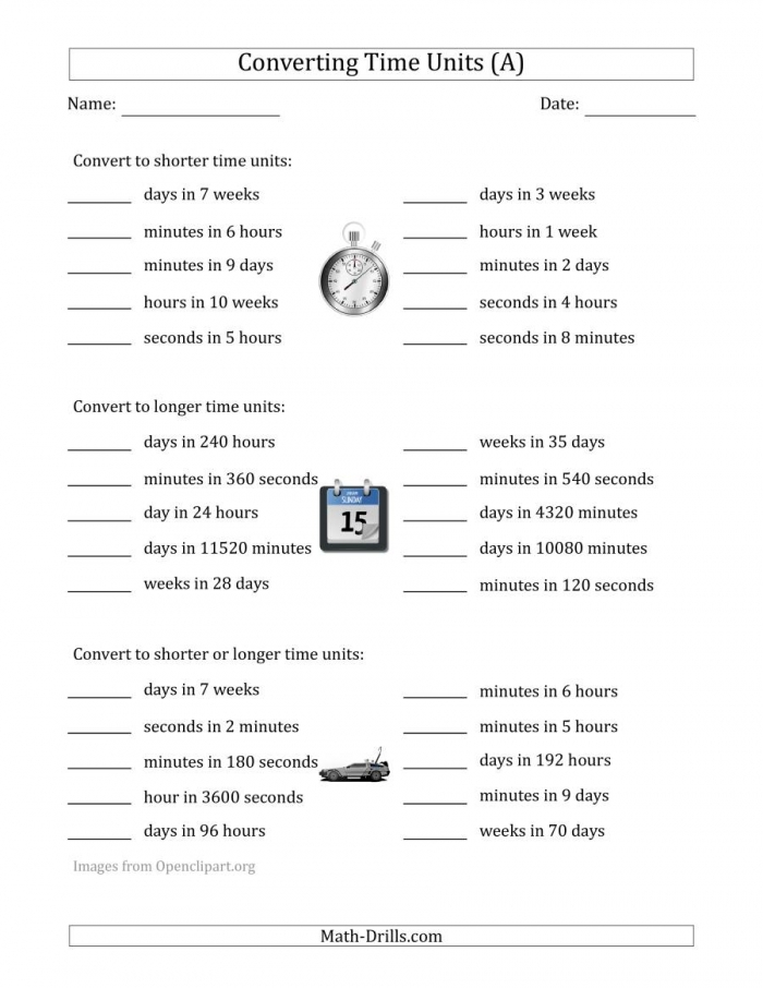 From Time to Time: Converting Time Units Worksheet for Third Graders Worksheet for converting time units from hours to days and weeks