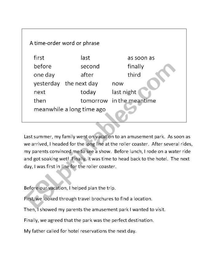 Third grade worksheet focusing on summaries using time order words in fractions