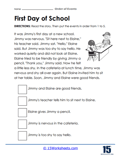 Third grade worksheet focusing on summaries using time order words in a fractions lesson