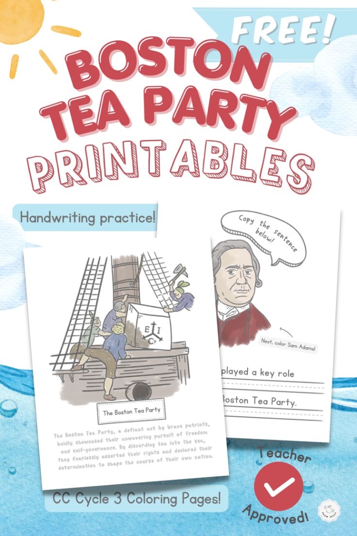 Third grade phonics worksheet featuring a timeline of the Boston Tea Party events