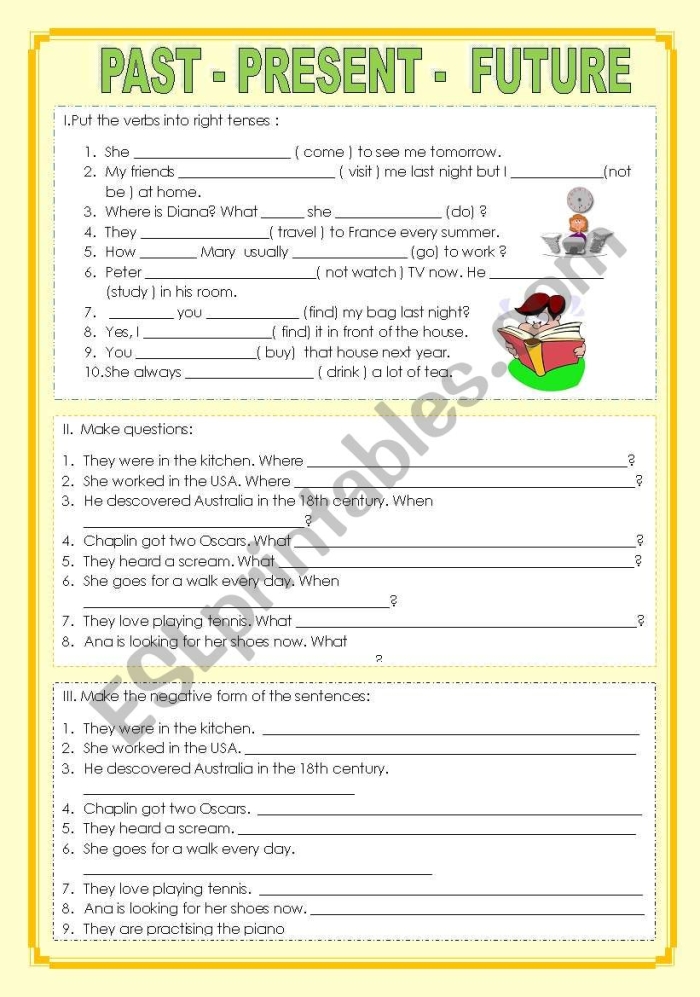 Worksheet image illustrating verb tense practice for young readers Past, Present, and Future worksheet for third graders focusing on verb tenses