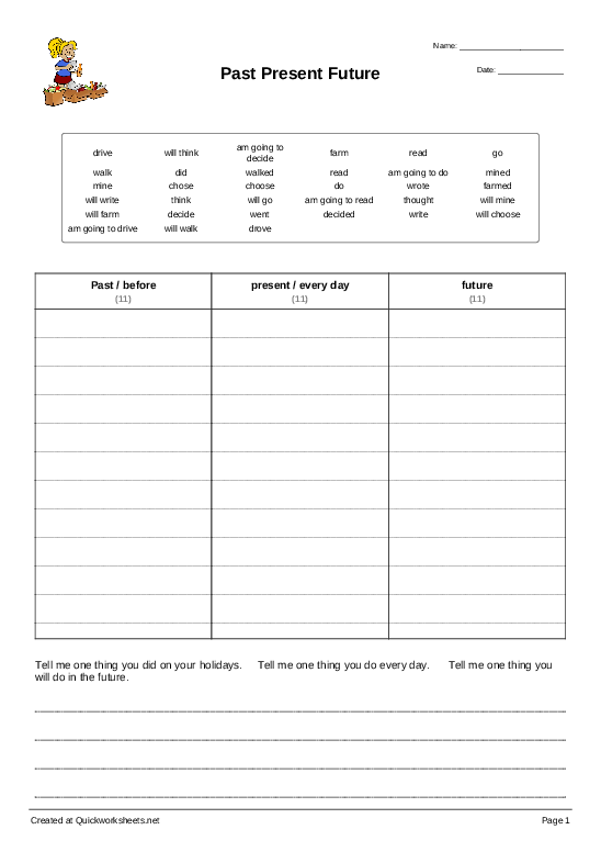 Third Grade Reading Worksheet: Exploring Verb Tenses through Time Worksheet for third graders focusing on past, present, and future verb tenses