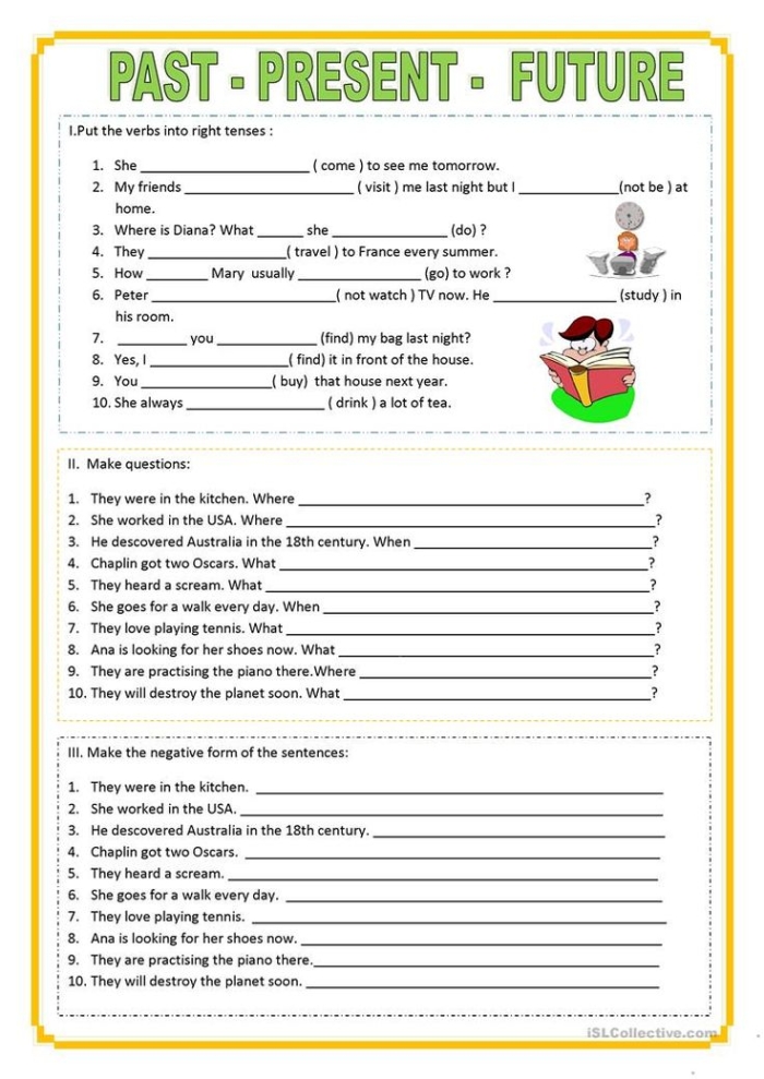 Worksheet image featuring verb tense activities for third graders to enhance their reading skills Third grade students engaging with a Past, Present, and Future verb tenses worksheet