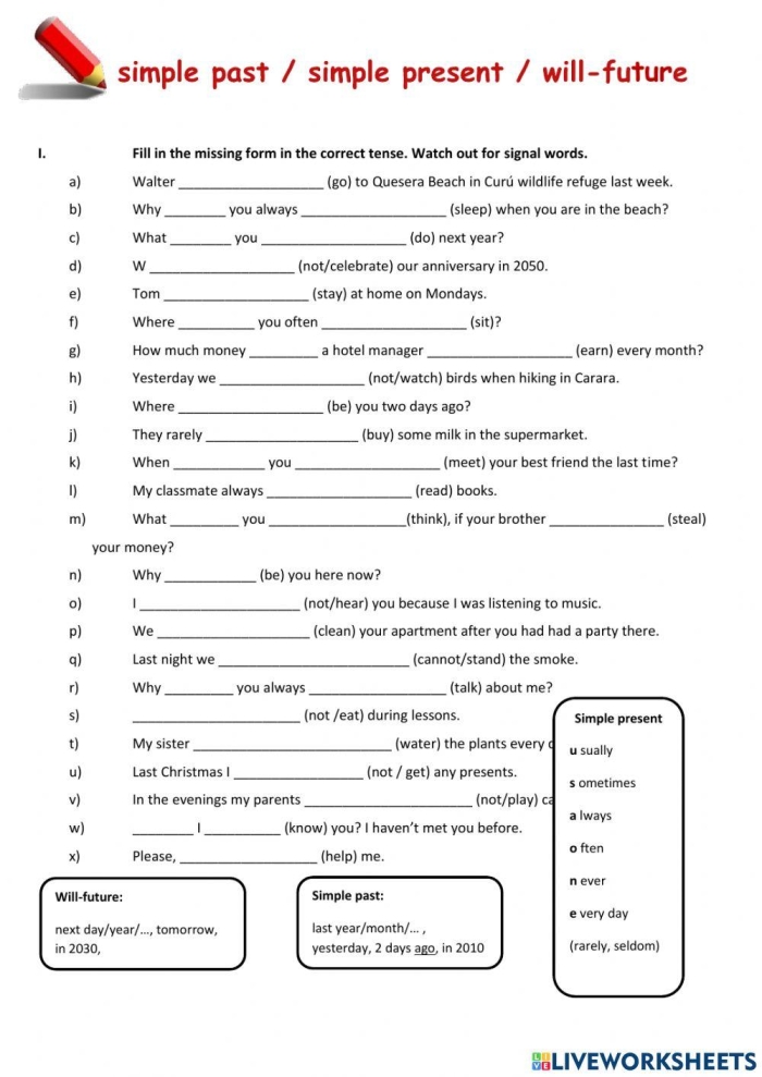 Reading worksheet for Third Grade Worksheet for practicing verb tenses focusing on past, present, and future concepts. Engaging third-grade reading activity to enhance understanding of time-related verbs.