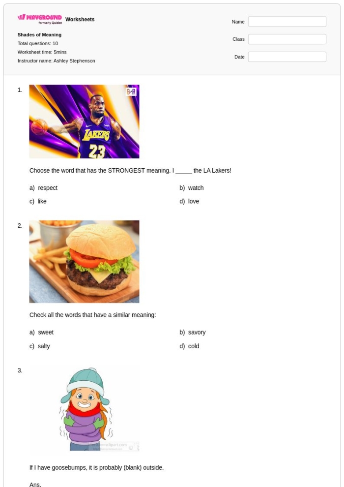 Third-grade grammar worksheet focusing on shades of meaning in vocabulary words