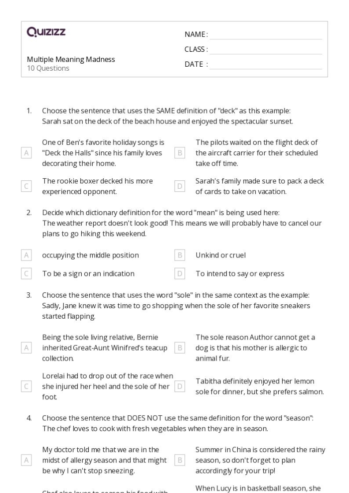 Third grade worksheet focusing on subtle differences in word meanings