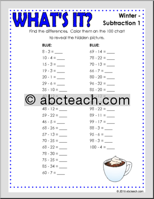 Winter subtraction practice sheet for third graders with 12 challenging three-digit problems Third Grade snowy subtraction worksheet featuring 12 three-digit problems with a winter theme