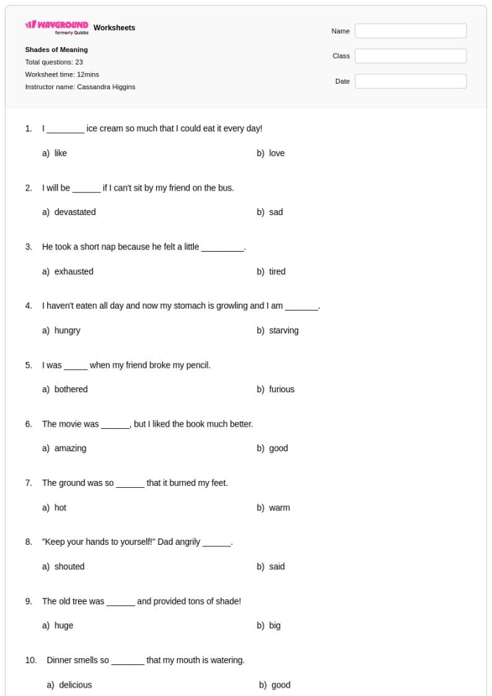Third grade student completing a Shades of Meaning worksheet focused on choosing the correct word