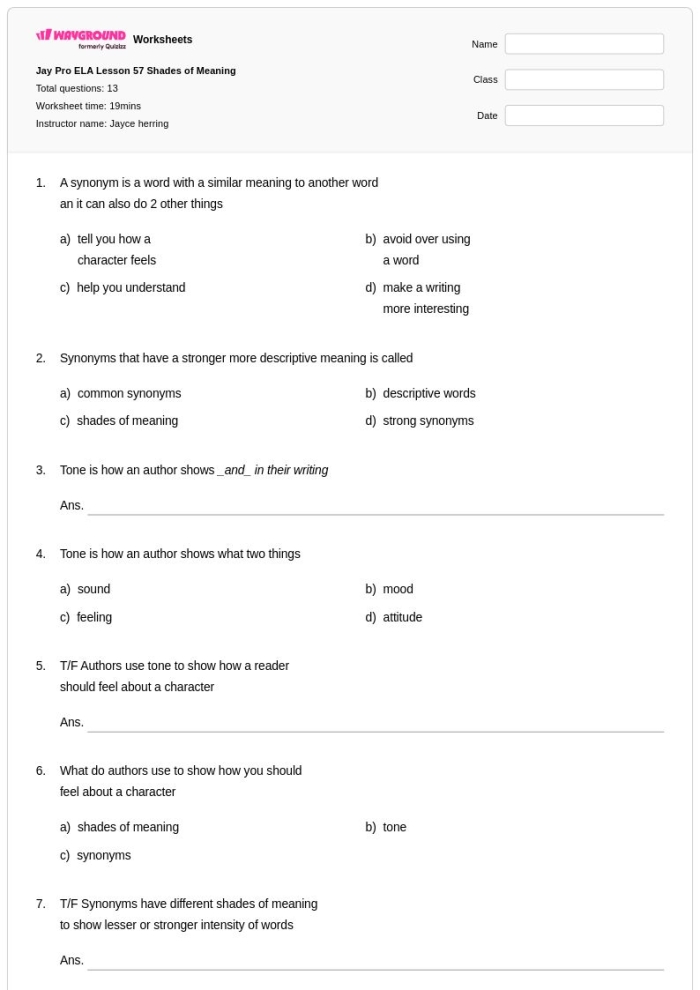 Third grade student completing a Shades of Meaning grammar worksheet focusing on word choice