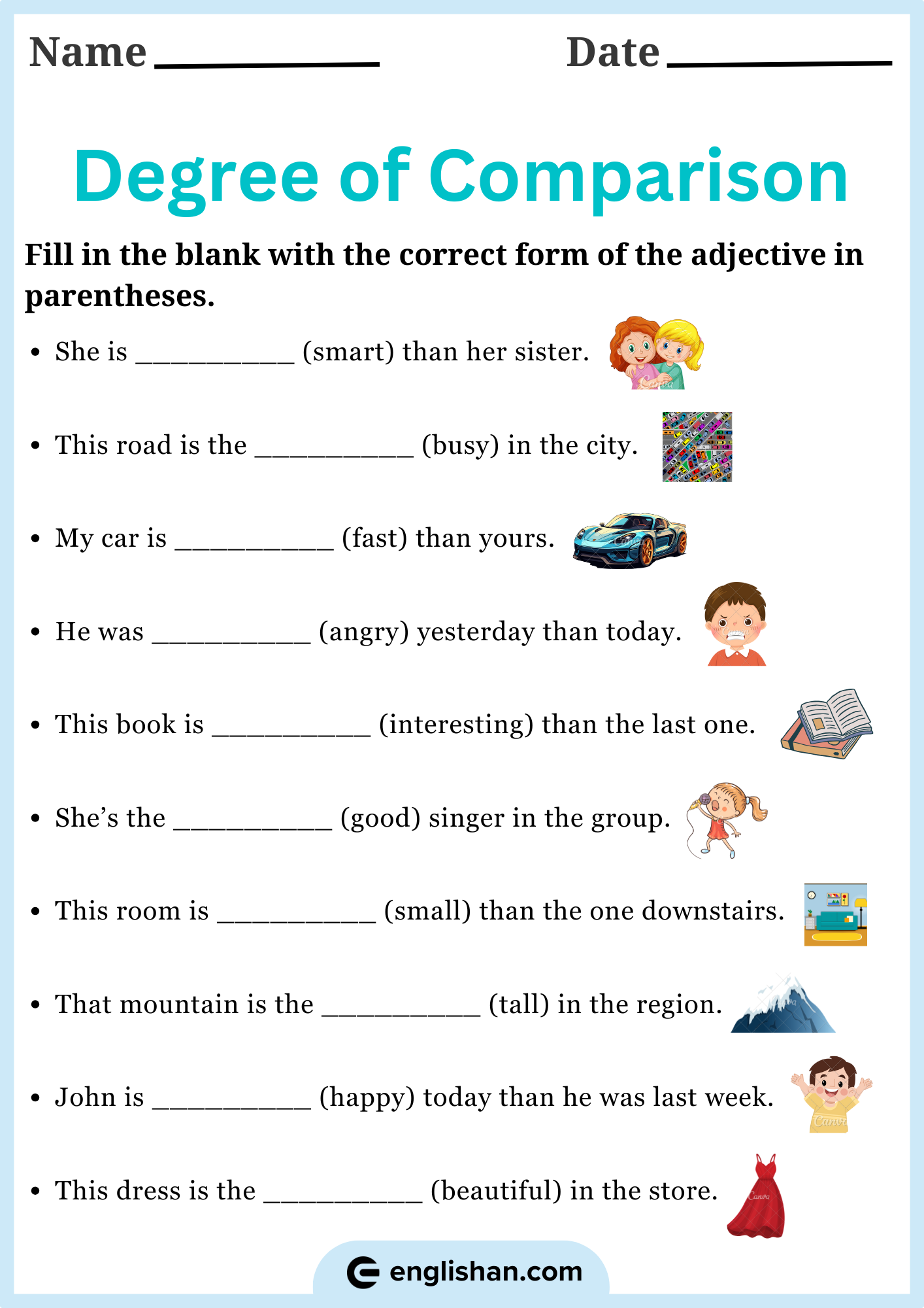 Fill in the Blank: Comparative Adjectives practice sheet for third grade Worksheet showcasing third graders filling in comparative adjectives