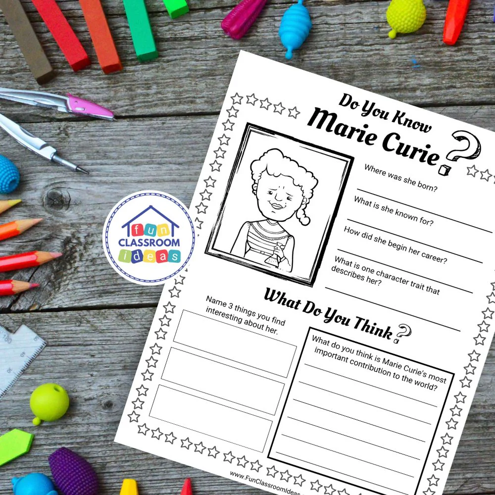 Multiplication worksheet for Third Grade Worksheet featuring Marie Curie, the first woman Nobel Prize winner in science for third graders. Educational resource highlighting Marie Curie's contributions to history and science.