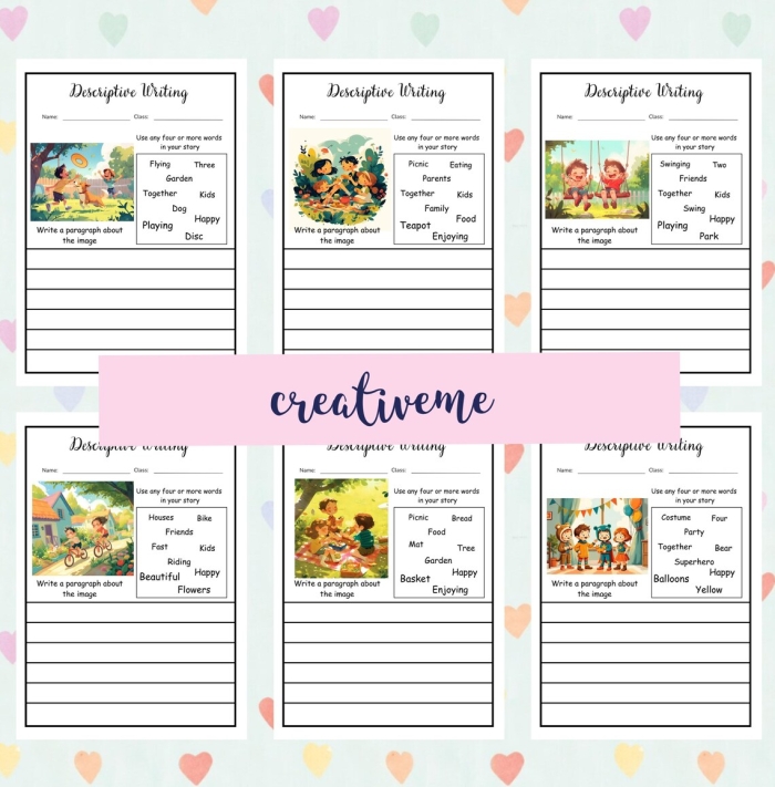 Worksheet 21 for practicing descriptive writing skills in third grade grammar and mechanics Third grade student worksheet featuring descriptive writing prompts and sentence starters