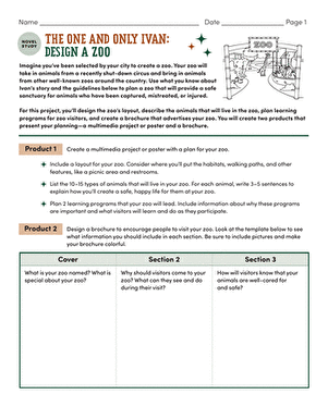 Third-grade worksheet for The One and Only Ivan featuring a zoo design project