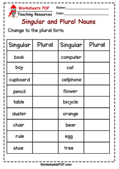 Third grade students practicing converting singular nouns to plural forms on a grammar worksheet