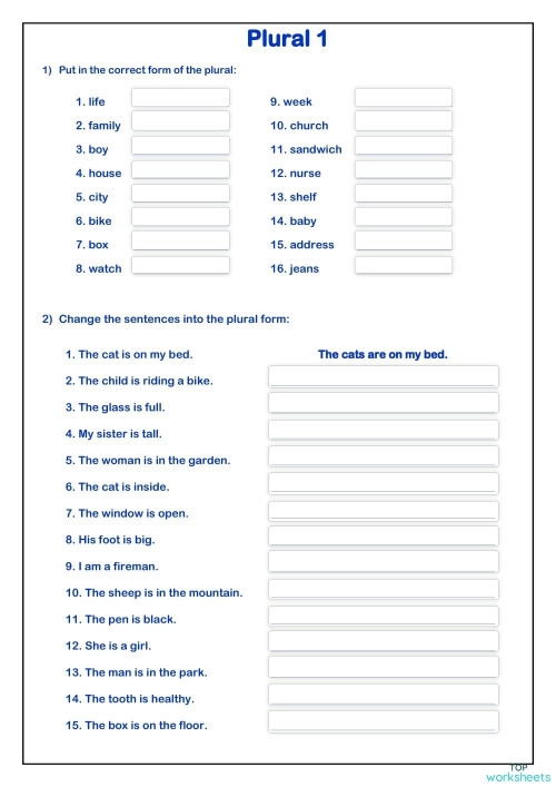 Third grade worksheet showing regular singular nouns converted to plural forms for time and money practice