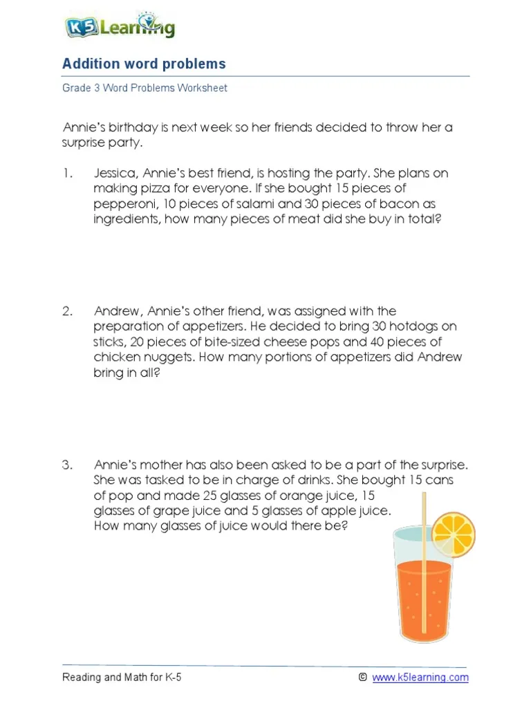 Three Addend Word Problems Worksheet for First Grade Learning Worksheet featuring three addend word problems for first graders to enhance their place value skills