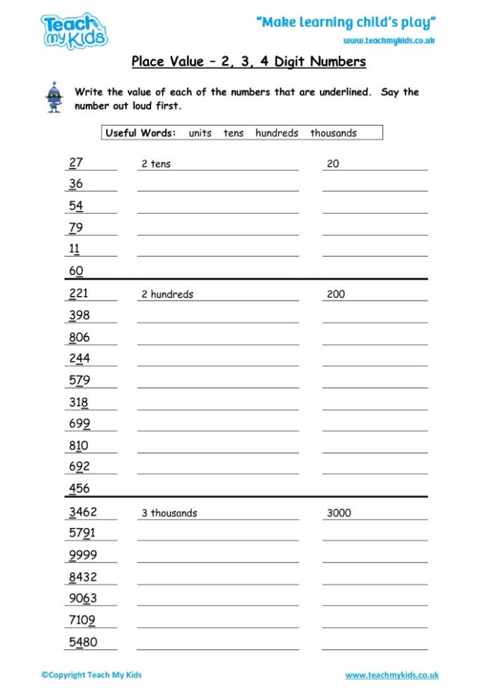 Place Value Mat showing three-digit numbers for second grade math practice