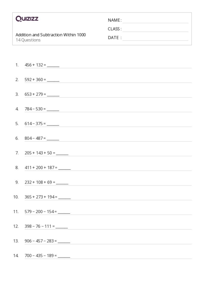 Easy Printable Subtraction Within 1000 Worksheets for Second Grade
