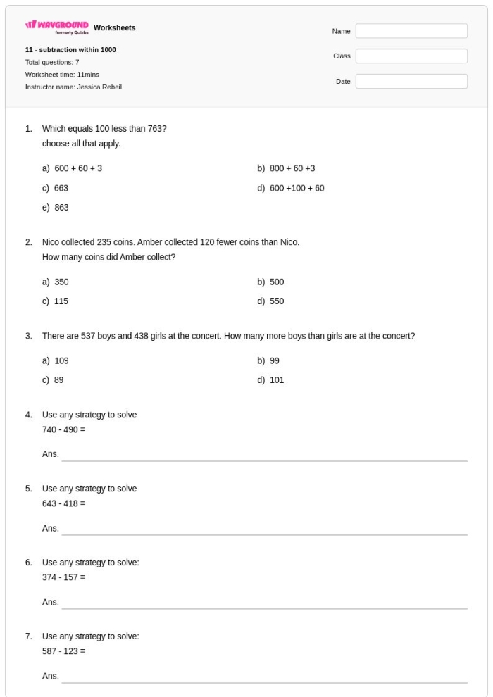 Second Grade student completing a subtraction within 1000 check-in worksheet to practice three-digit subtraction