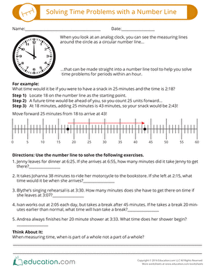 Worksheet 15 for solving time problems with a number line in a life science classroom setting Third grade students practicing time addition and subtraction using a number line in a worksheet