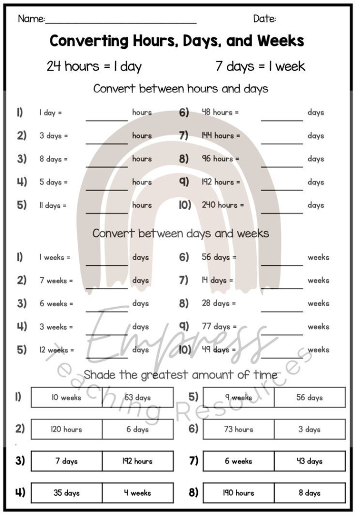 Educational resource for mastering time sense through multiplication challenges Time conversion worksheet for third graders focusing on hours, days, and weeks
