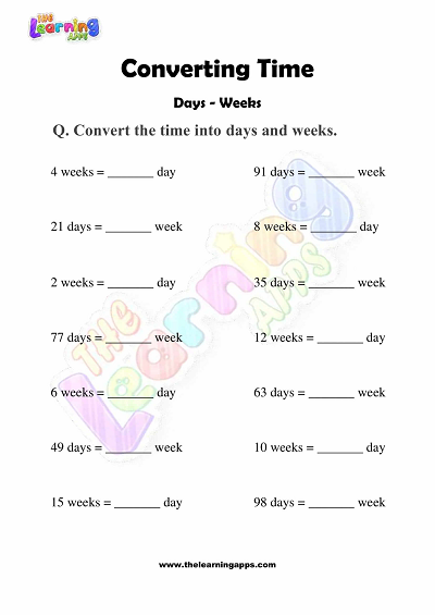 From Time to Time: Engaging multiplication worksheet for time conversion Worksheet for converting time units to hours, days, and weeks for third graders