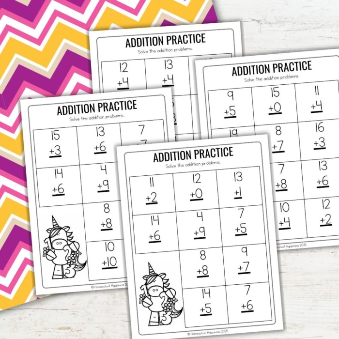 Worksheet image showing addition problems within 20 for young learners First Grade addition to 20 worksheet focused on time and money concepts