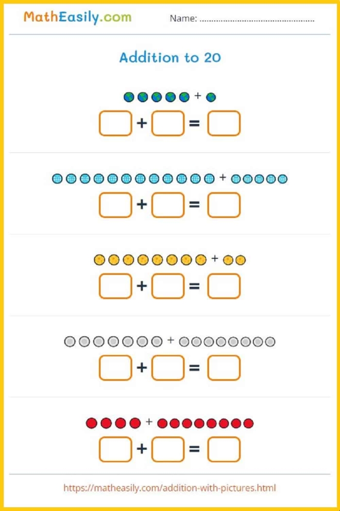 Addition practice worksheet for young learners covering sums up to twenty First Grade addition to 20 worksheet focused on time and money problems