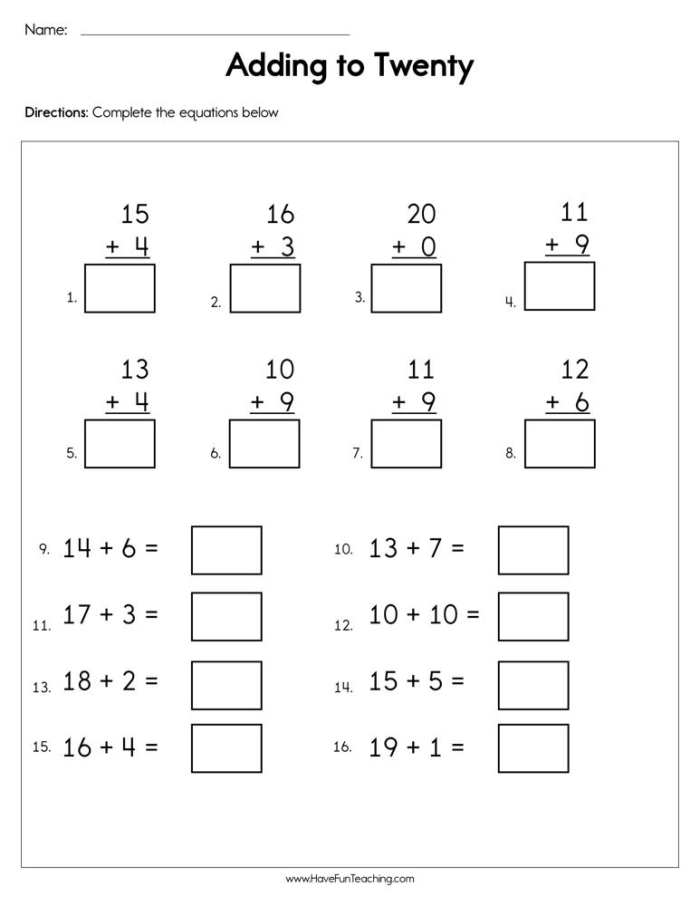 Addition to 20 practice sheet for assessing young learners in time and money concepts First grade worksheet focusing on addition problems up to 20 involving time and money