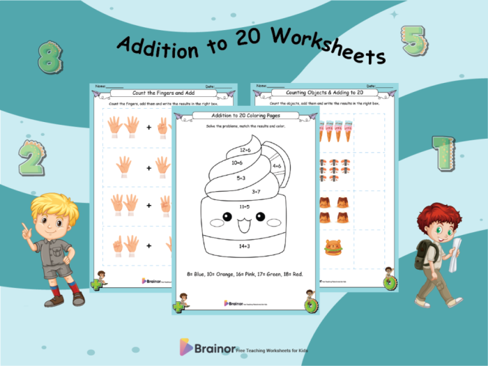 Worksheet 5 Addition exercises helping students practice adding within 20 First Grade worksheet focused on addition problems up to 20 for time and money concepts
