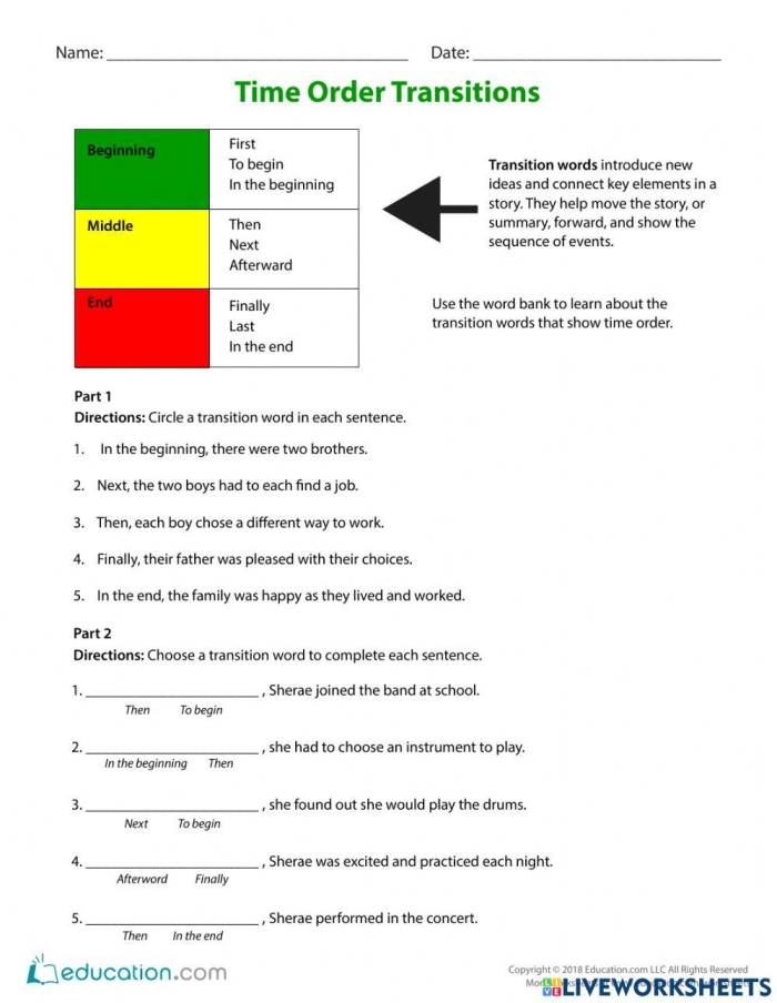 Third grade fractions worksheet focused on writing summaries using time order words