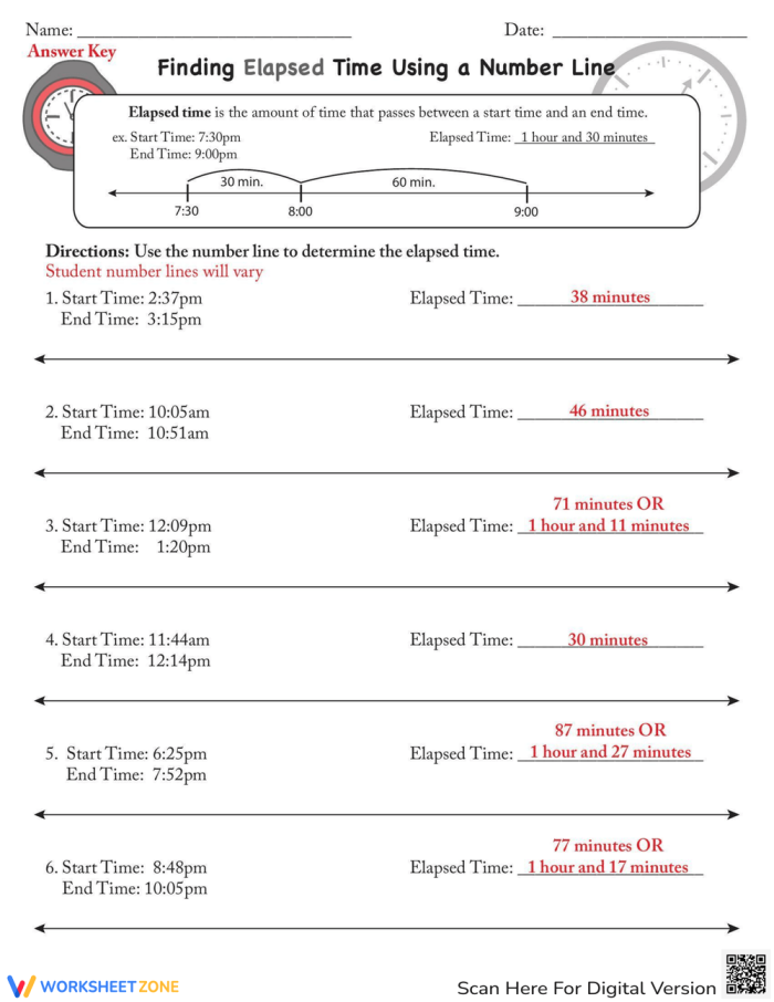 Interactive exercise for calculating elapsed time using a number line in a Solving Time Problems worksheet 13 Third grade life science worksheet showing a number line for solving time addition and subtraction problems