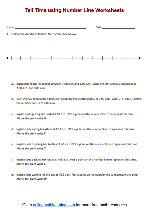 Worksheet for practicing time calculations with a number line in life science class Third grade students using a number line to solve addition and subtraction time problems