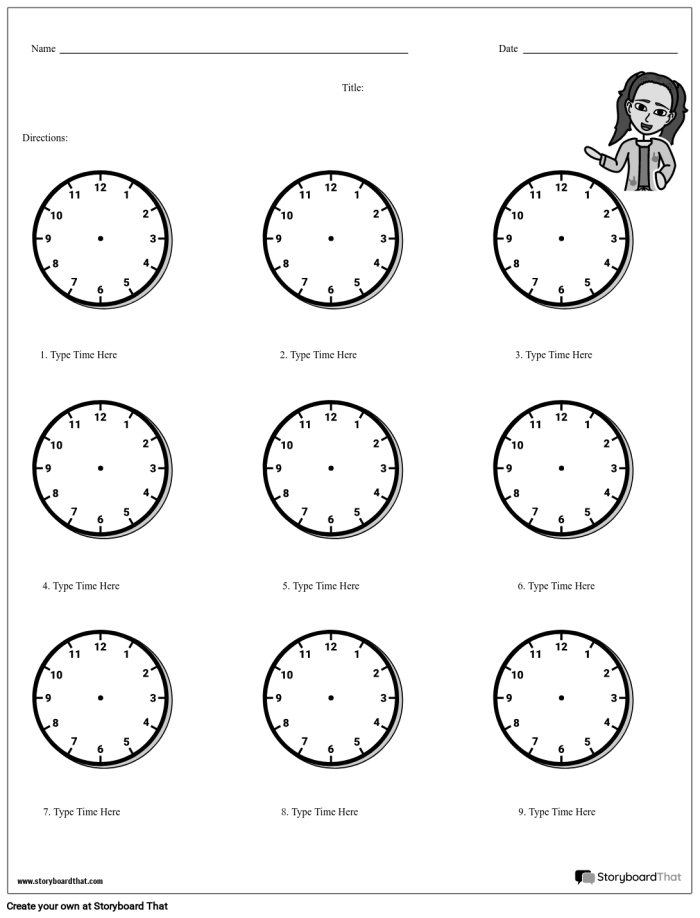 Second grade student practicing time recording on a worksheet