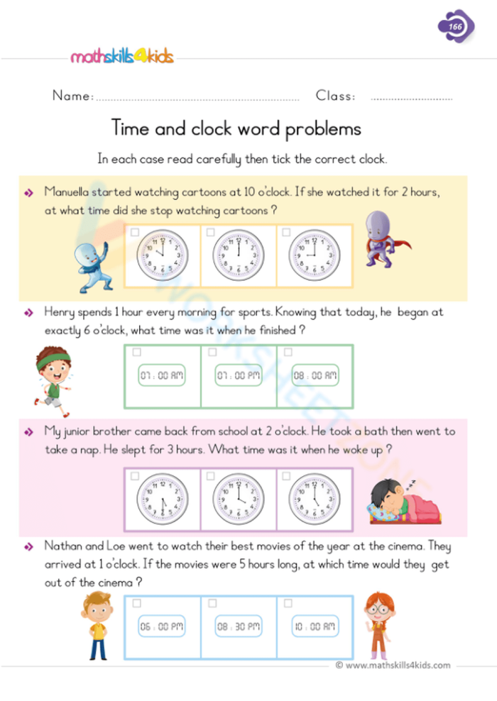 Time Word Problems worksheet for first graders focusing on geometry and time concepts