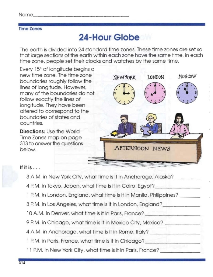Worksheet on understanding time zones and calculating regional times for third graders, image 19 Third grade Find the Time Zone worksheet showing a map with different time zones and clocks