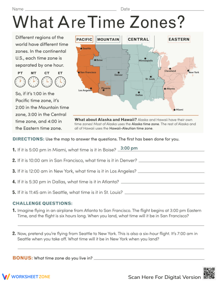 Worksheet image showing time zones and clocks for third grade math and geography lesson 23 Third grade student completing a Find the Time Zone worksheet about calculating time differences