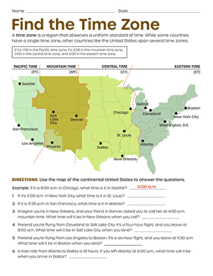 Explore time zones and regional time differences in this engaging math and geography activity Third Grade worksheet on finding and calculating time zones with clocks and maps