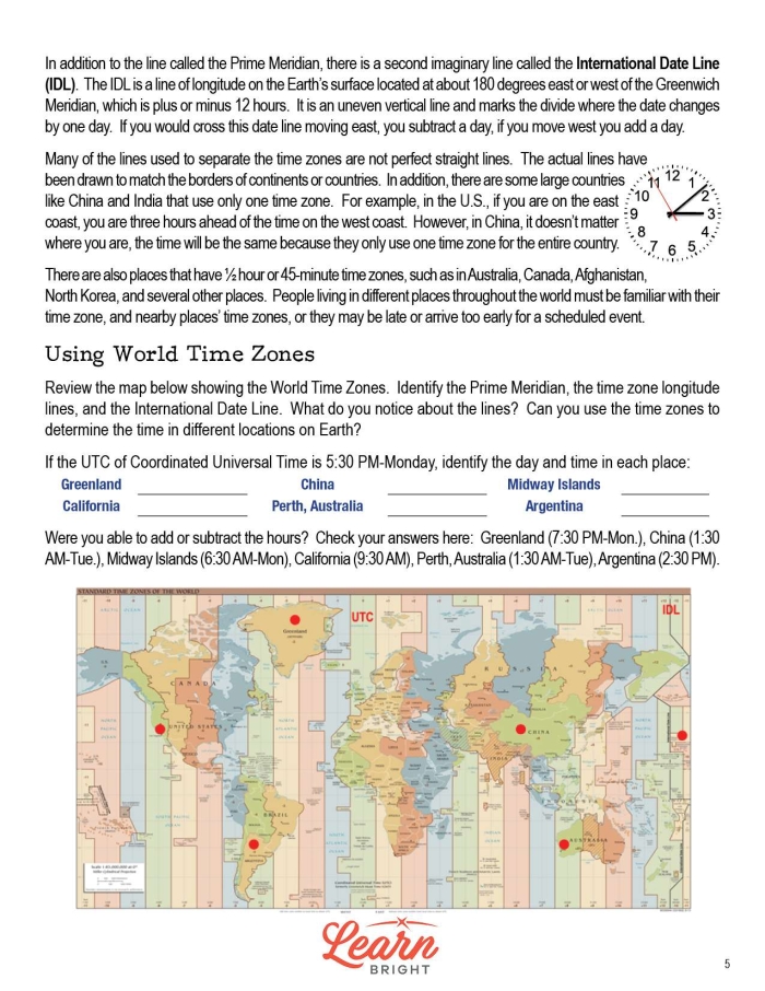 Explore time zone calculations in this educational math and geography worksheet 9 Third grade worksheet on understanding time zones with clocks and maps