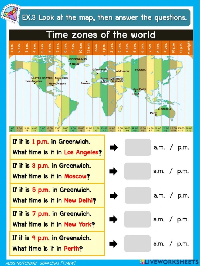Interactive Find the Time Zone activity for kids learning about time differences Third grade worksheet showing clocks and maps to teach time zones