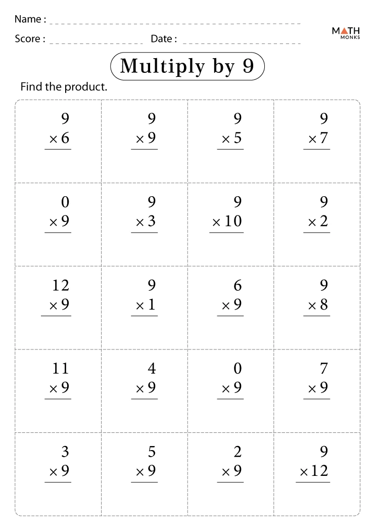 Multiplying by 9 worksheet for fourth grade math practice, image 3 Fourth grade student practicing times tables on a multiplying by 9 worksheet