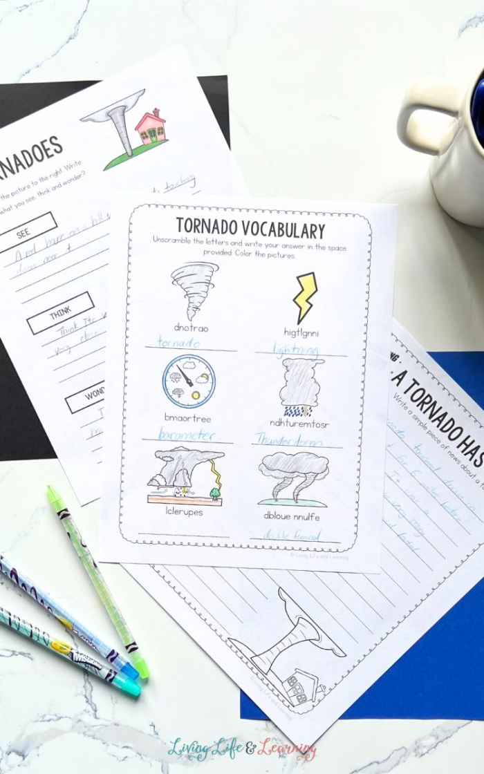 Fifth grade science worksheet with fill-in-the-blank questions about tornadoes