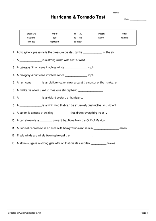 Fifth grade science worksheet with fill-in-the-blank questions about tornadoes